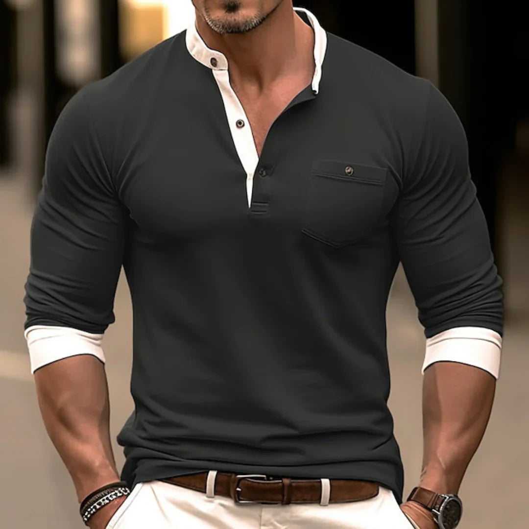 Long-sleeved Shirt | Half Button | Slim Fit | Pullover Shirt | Men's Shirt-Shirts-Chaps of London-Black-XS-Chaps of London