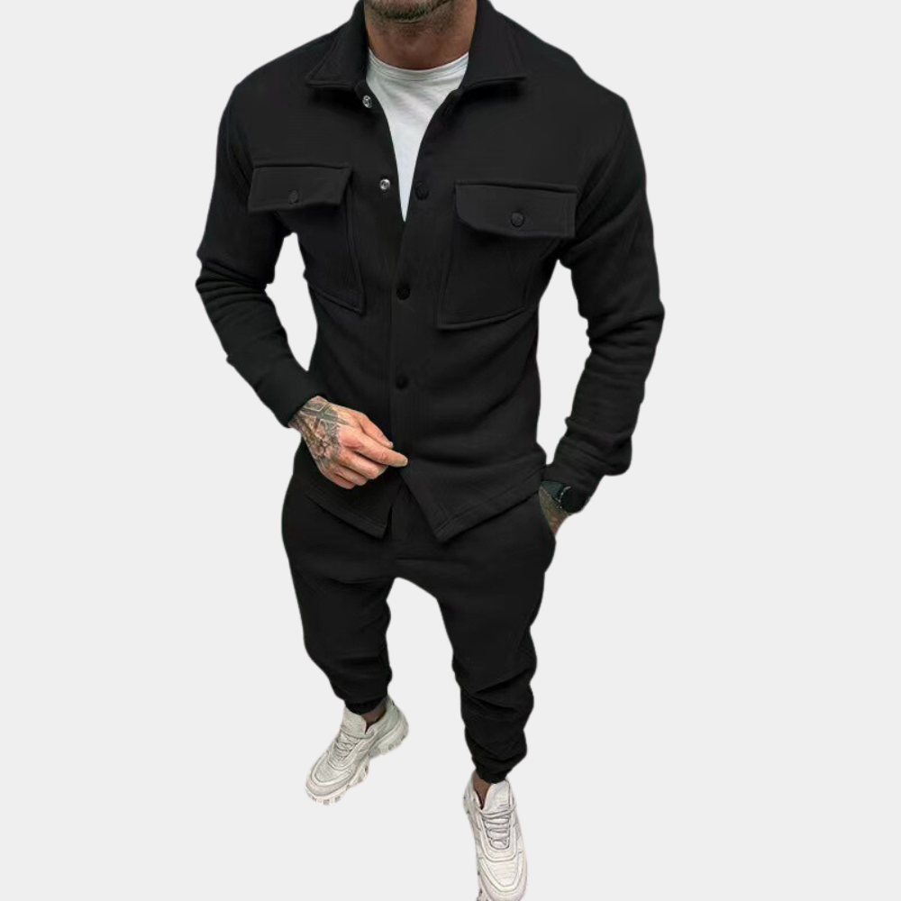 Men's Co-Ord Set - Buttoned Up - Long Sleeve - Two-Piece Set - Men's Clothing-Chaps of London-Black-S-Chaps of London