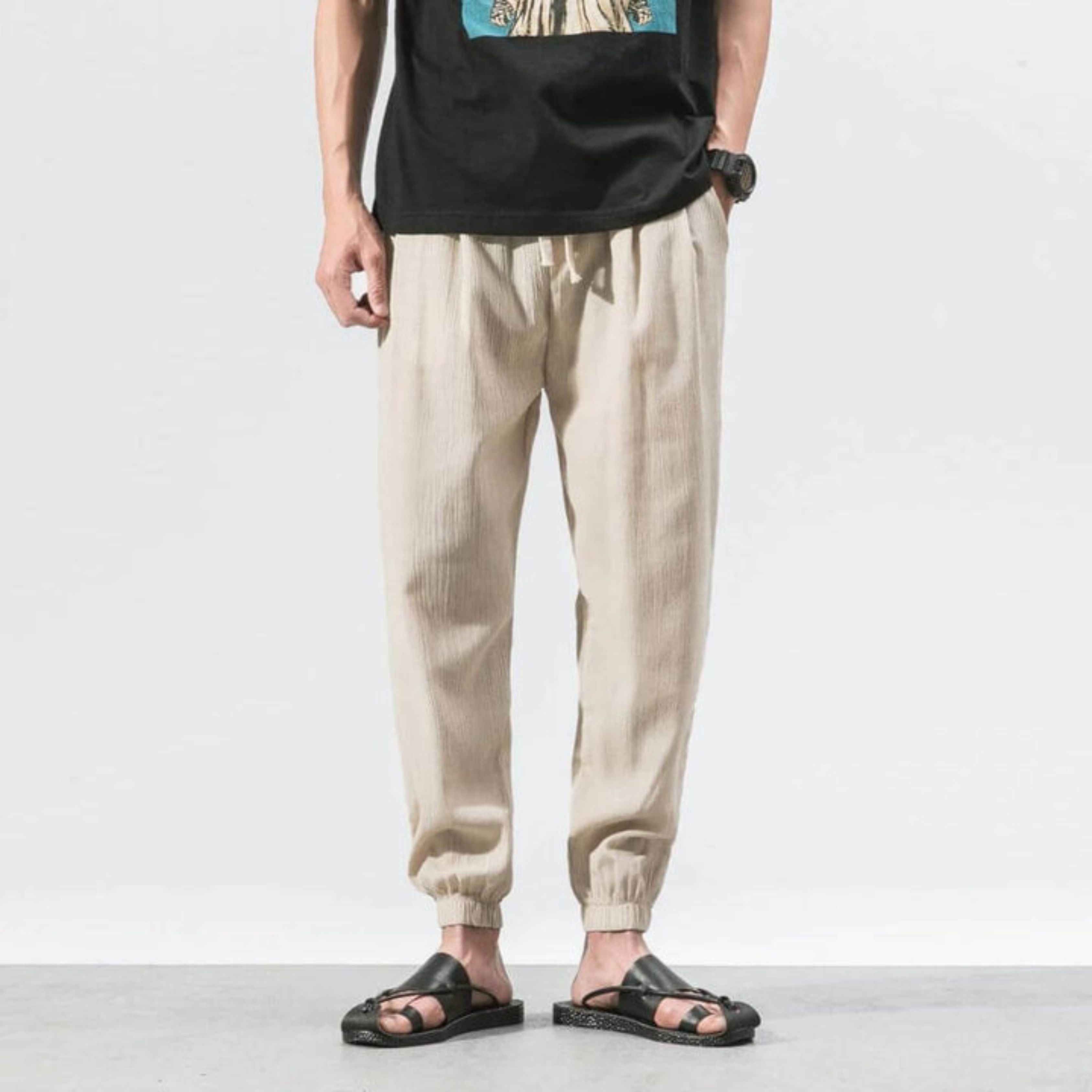 Men's Joggers - Leisure - Lightweight - Drawstring Pants - Men's Pants-Chaps of London-Beige-S-Chaps of London