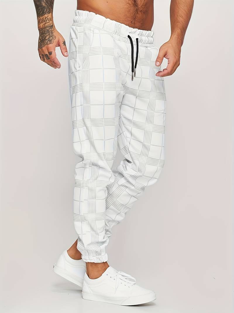 Men's Joggers | Plaid | Elastic Waist | Track Pants | Men's Pants-Men Pants-Chaps of London-White-M-Chaps of London