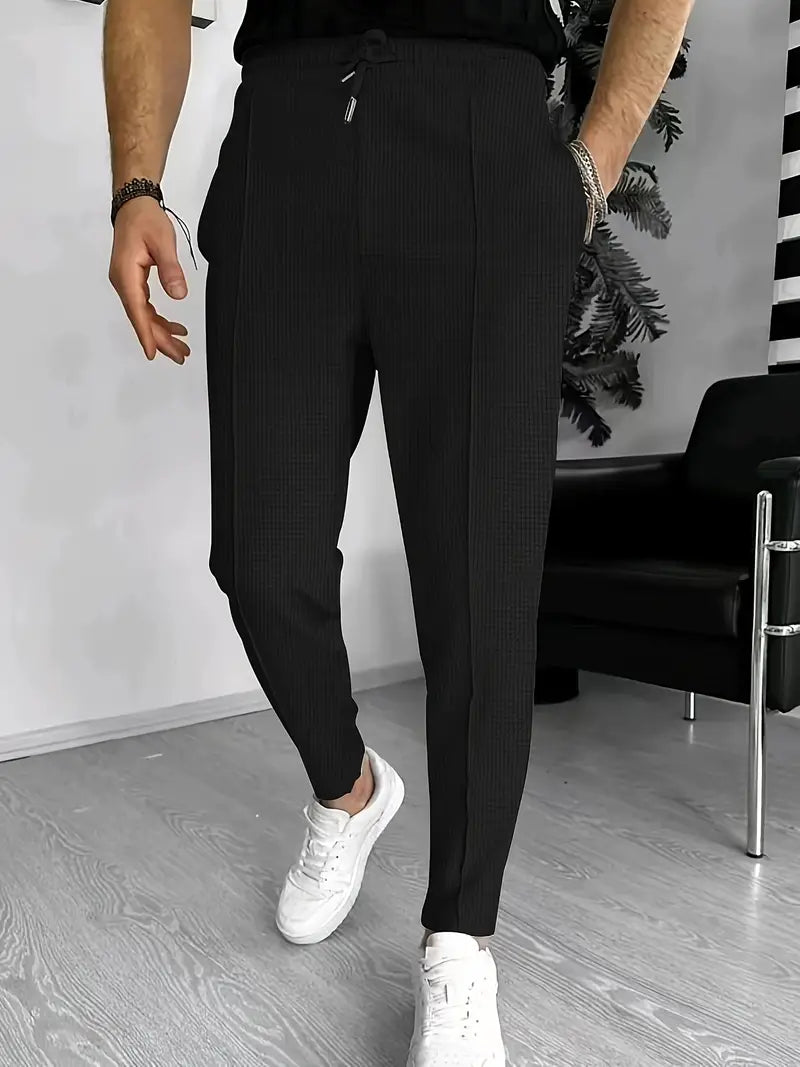 Men's Trousers - Elastic Waist - Drawstring - Slim Fit Joggers - Waffle Pants-Chaps of London-Black-S-Chaps of London