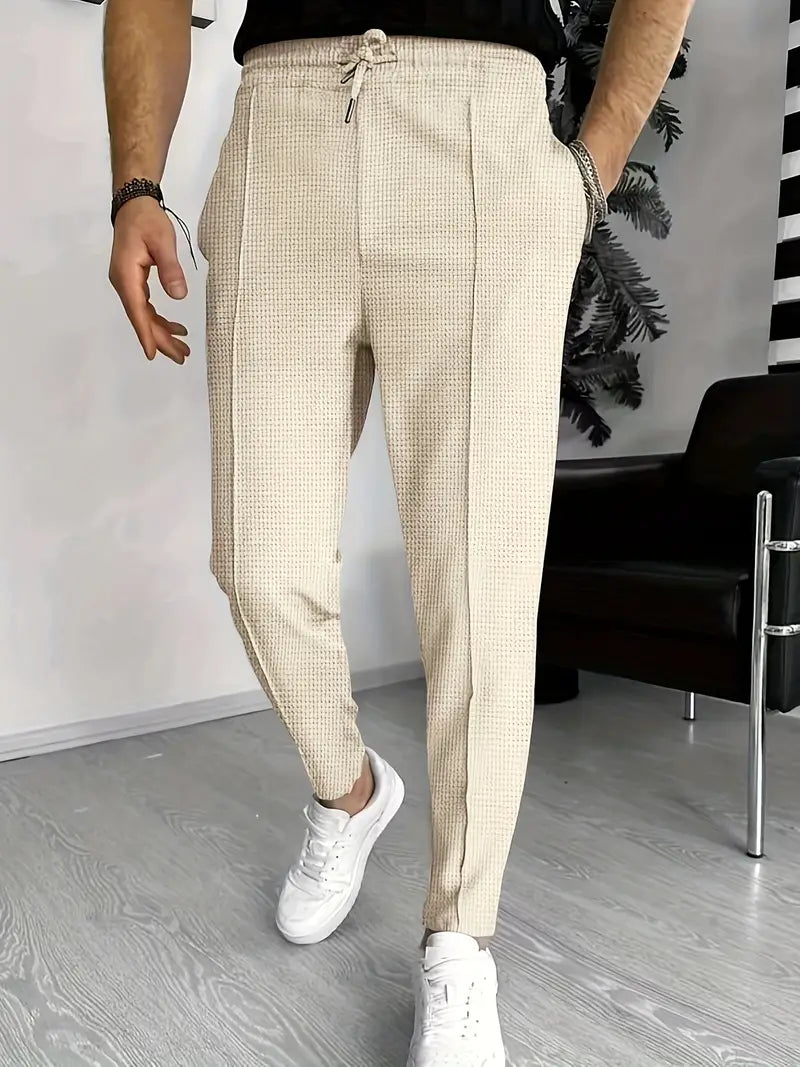 Men's Trousers - Elastic Waist - Drawstring - Slim Fit Joggers - Waffle Pants-Chaps of London-Khaki-S-Chaps of London