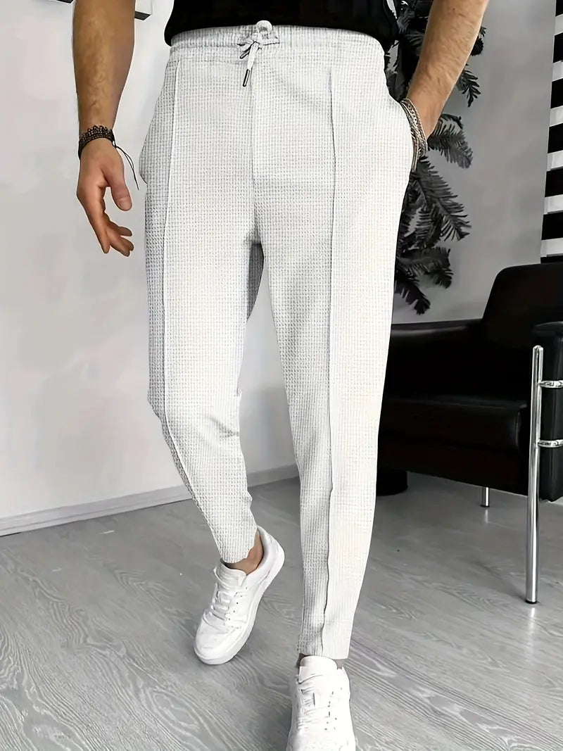 Men's Trousers - Elastic Waist - Drawstring - Slim Fit Joggers - Waffle Pants-Chaps of London-White-S-Chaps of London