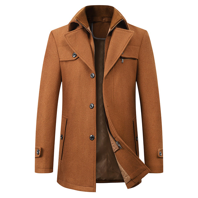 Men's Wool Trench Coat - Single Breasted - Zipped Up - Wool Coat - Men's Winter Jackets-Chaps of London-Brown-M-Chaps of London