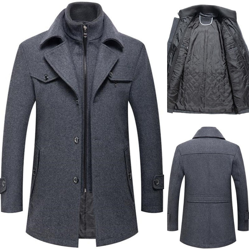 Men's Wool Trench Coat - Single Breasted - Zipped Up - Wool Coat - Men's Winter Jackets-Chaps of London-Gray-M-Chaps of London