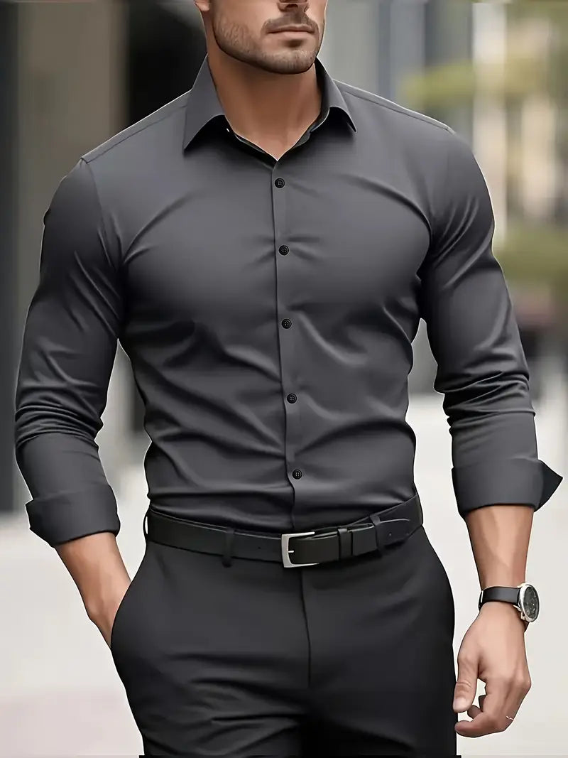 Non Iron Shirt | Wrinkle Free | Slim Fit | Button-Up Shirt | Men's Shirts-Men’s Dress Shirt-Chaps of London-Dark Grey-XS-Chaps of London