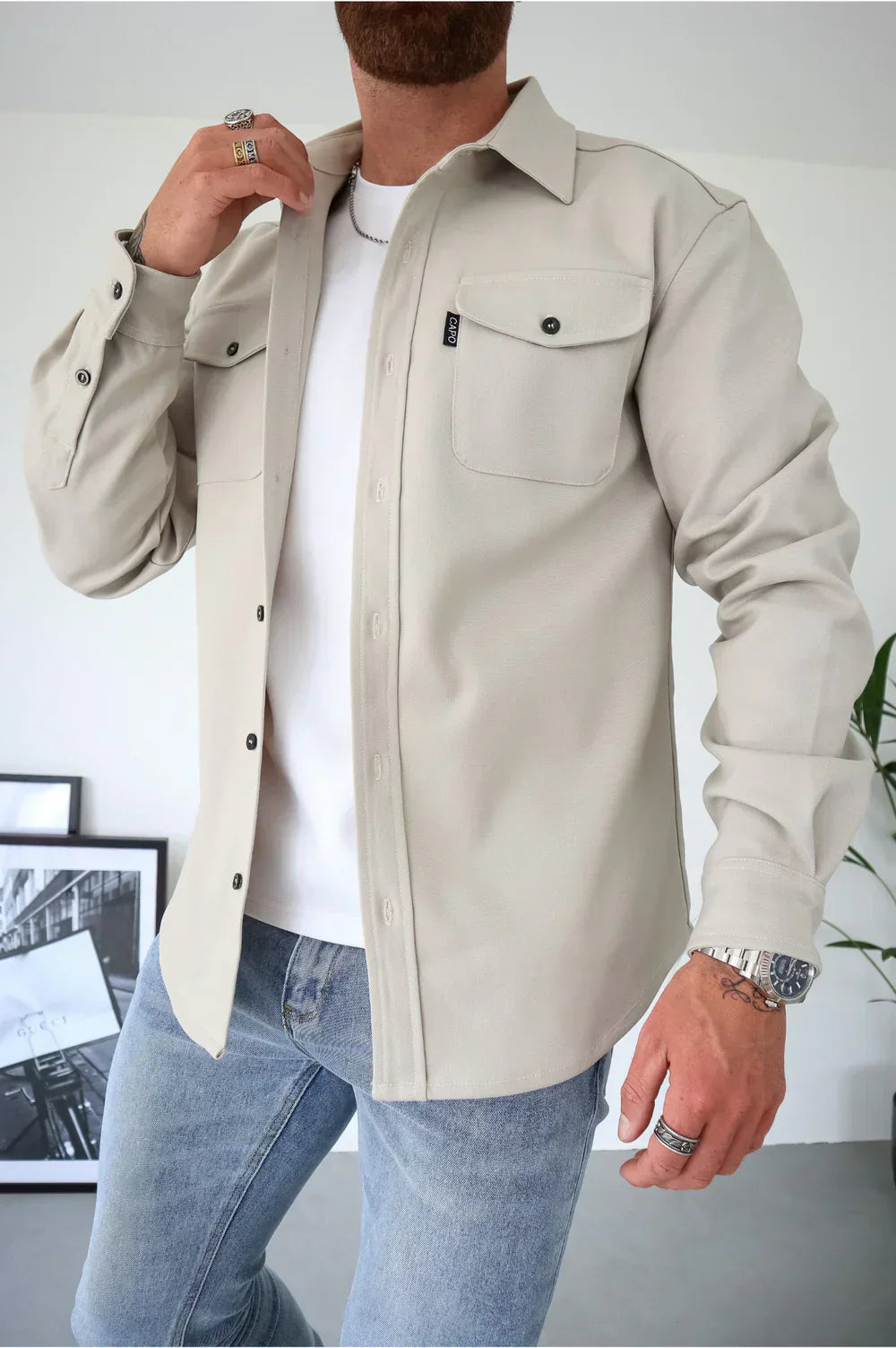 Overshirt - Button-Up - Long Sleeve - Shirt Jacket - Men's Jacket-Chaps of London-Cream-XS-Chaps of London