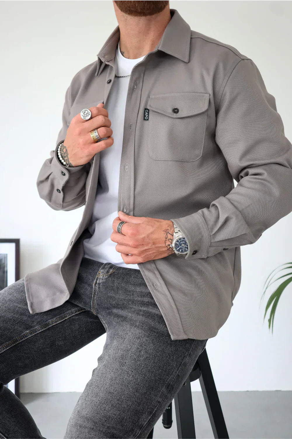 Overshirt - Button-Up - Long Sleeve - Shirt Jacket - Men's Jacket-Chaps of London-Light Grey-XS-Chaps of London