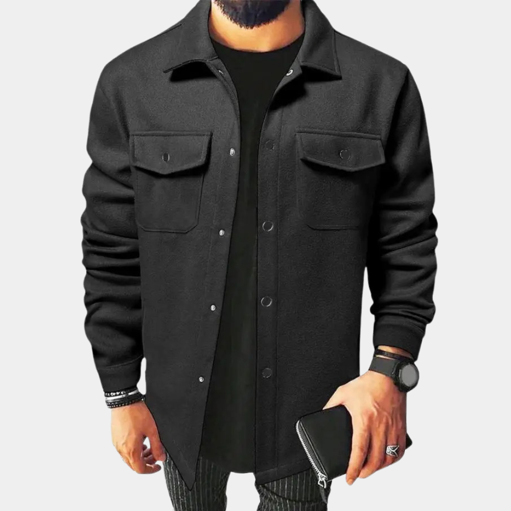 Overshirt - Men's Button-Up Shirt Jacket with Breast Pockets-Fashion Men Shirt Shacket Fall-Chaps of London-Black-S-Chaps of London