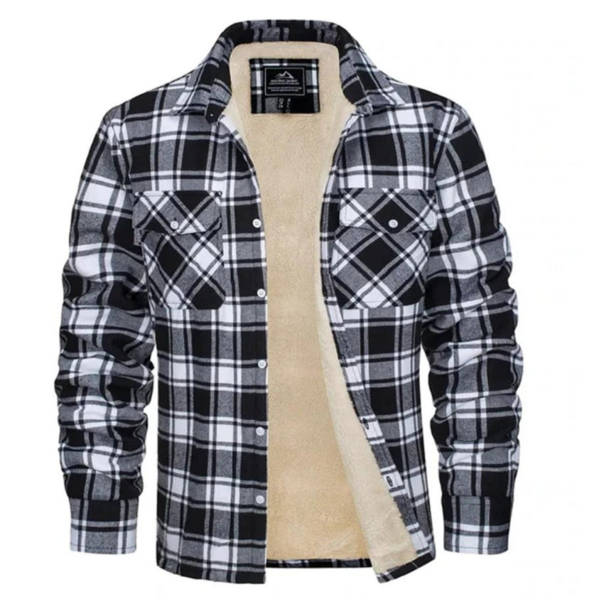Plaid Overshirt - Men's Button-Up Fleece Lined Shirt Jacket for Winter-Shirts-Chaps of London-Black-S-Chaps of London