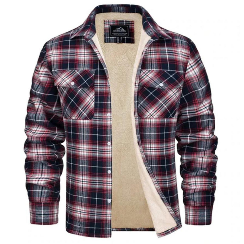 Plaid Overshirt - Men's Button-Up Fleece Lined Shirt Jacket for Winter-Shirts-Chaps of London-Red-S-Chaps of London