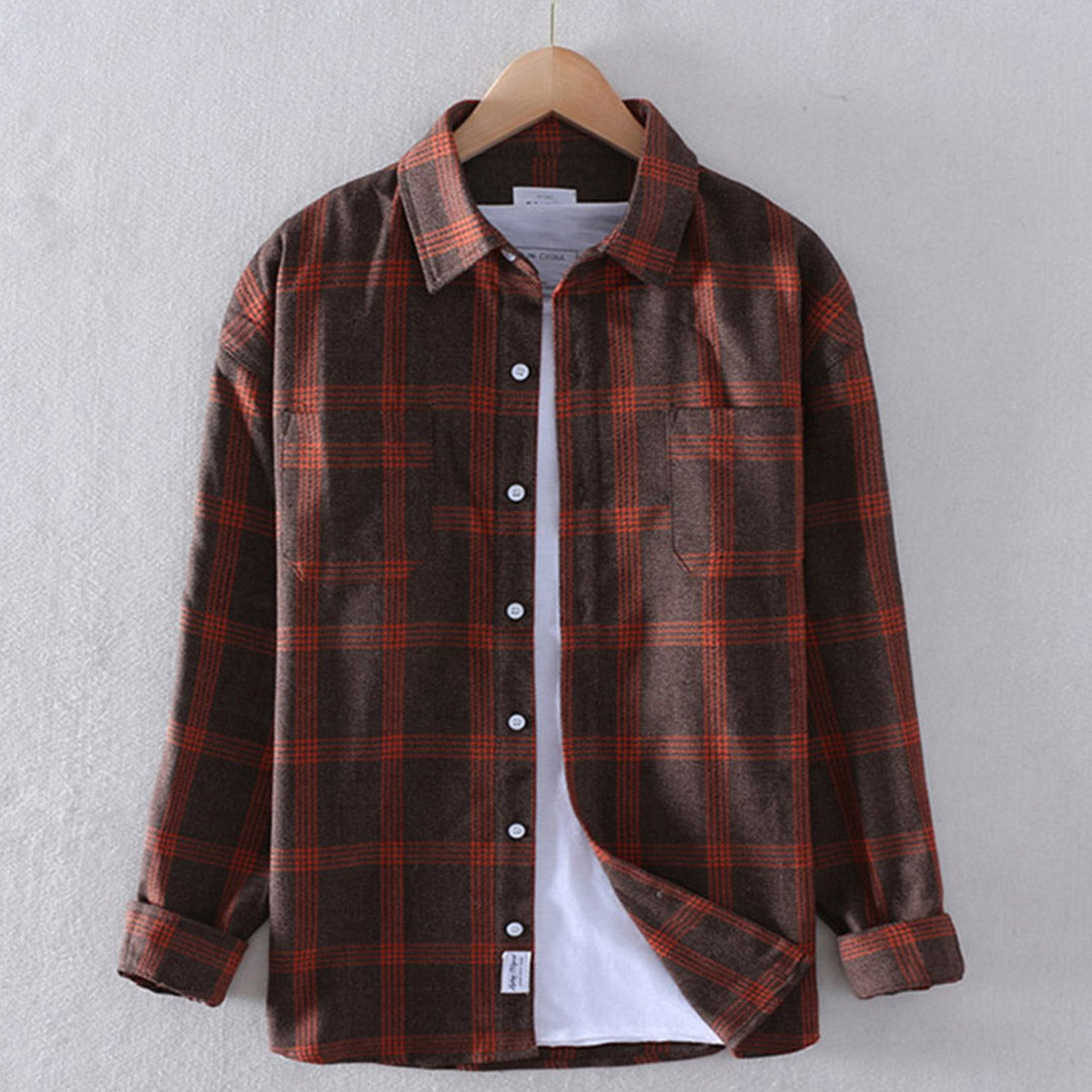 Plaid Shirt - Men's Button-Up Checkered Long Sleeve Shirt-Fashion Men Shirt Plaid Fall-Chaps of London-Orange Checkered-S-Chaps of London