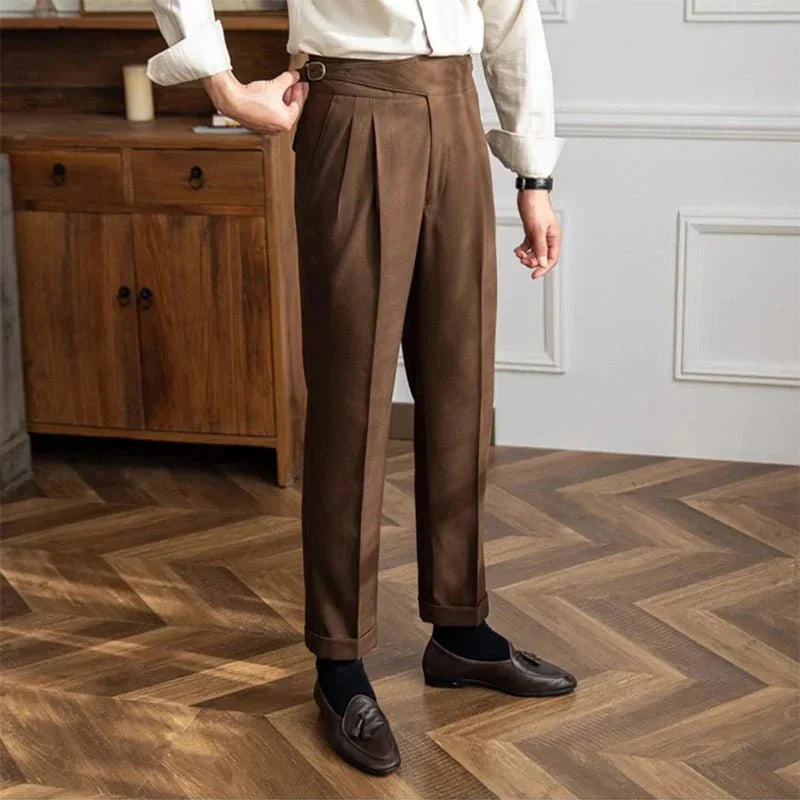 Pleated Pants - Men's Adjustable Waist Formal Straight Leg Slack Pants-Men's Pants-Chaps of London-Coffee-S-Chaps of London
