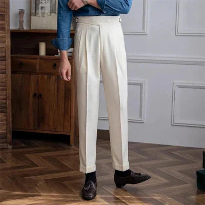 Pleated Pants - Men's Adjustable Waist Formal Straight Leg Slack Pants-Men's Pants-Chaps of London-White-S-Chaps of London