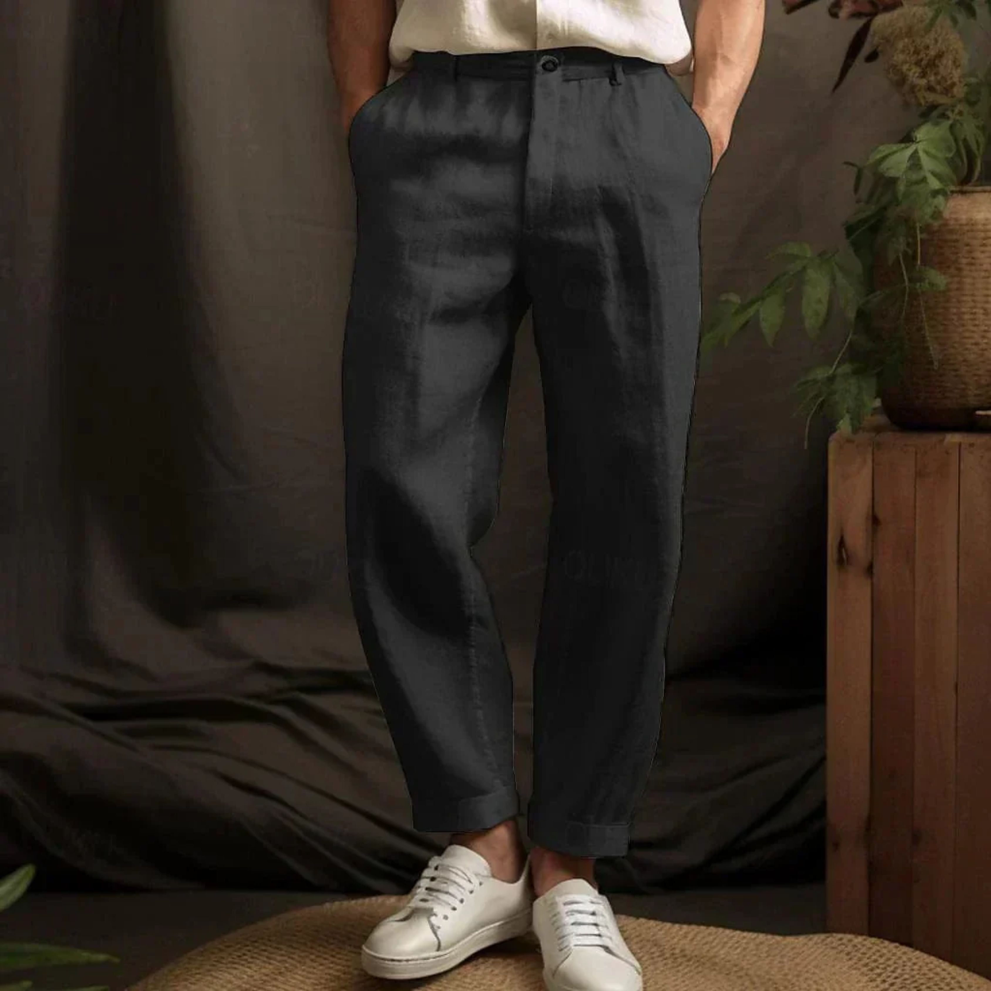 Pleated Trousers - Men's Relaxed Fit Linen Pants for Summer-Trousers-Chaps of London-Black-S-Chaps of London