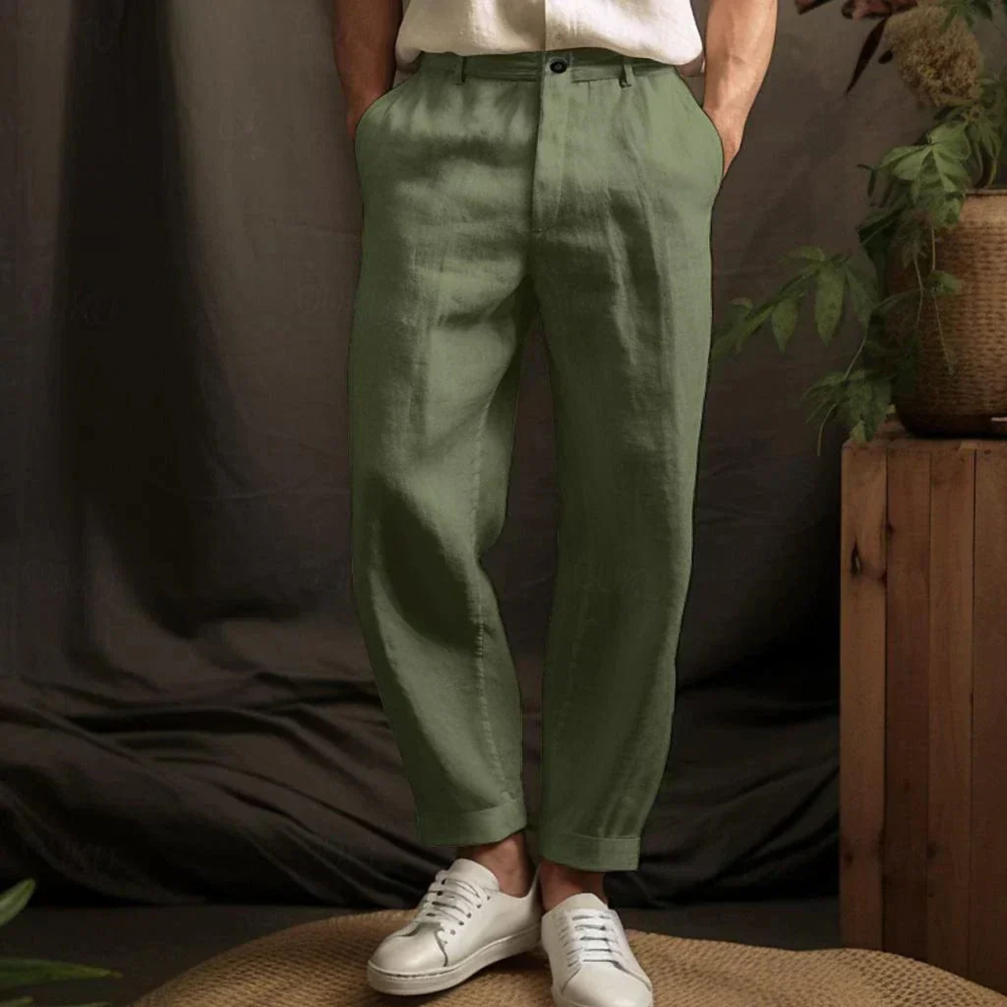 Pleated Trousers - Men's Relaxed Fit Linen Pants for Summer-Trousers-Chaps of London-Green-S-Chaps of London