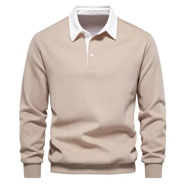 Polo Jumper - Long Sleeve - Quarter Button-Up - Polo Sweater - Men's Polo Shirts-Trui-Chaps of London-Khaki-S-Chaps of London