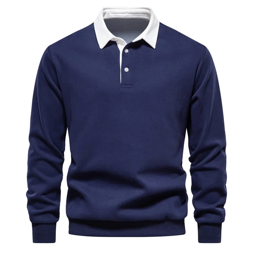 Polo Jumper - Long Sleeve - Quarter Button-Up - Polo Sweater - Men's Polo Shirts-Trui-Chaps of London-Navy Blue-S-Chaps of London