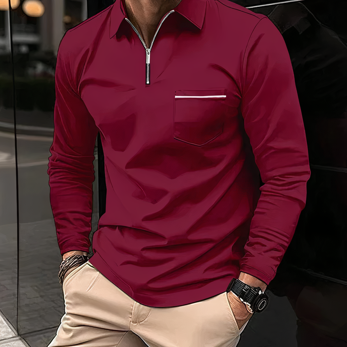 Polo Shirt - Long Sleeves - Chest Pocket - Semi-closed Shirt - Men's Shirt-T-shirts_M-Chaps of London-Wine Red-S-Chaps of London