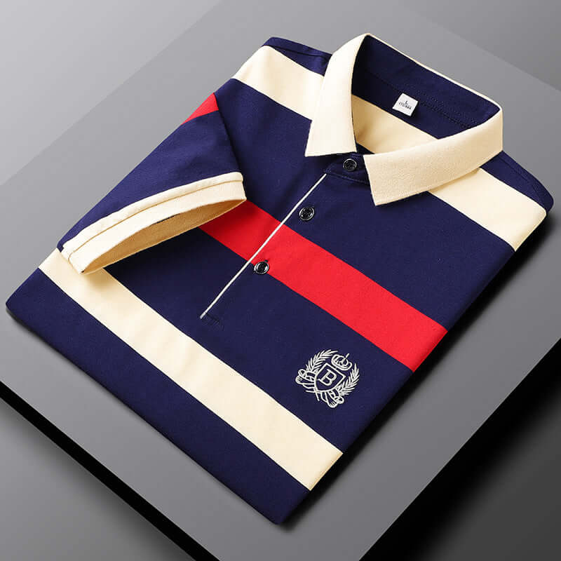 Polo Shirt - Men's Collared Button-Up Striped Polo Shirt-Chaps of London-Red-M-Chaps of London