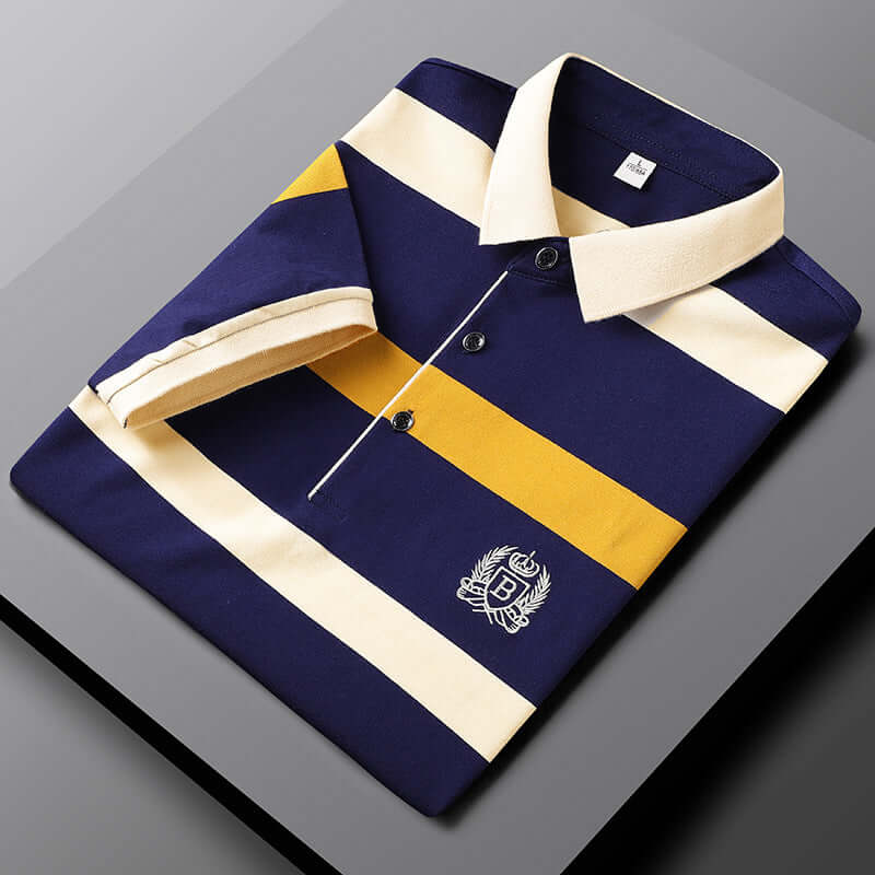 Polo Shirt - Men's Collared Button-Up Striped Polo Shirt-Chaps of London-Yellow-M-Chaps of London