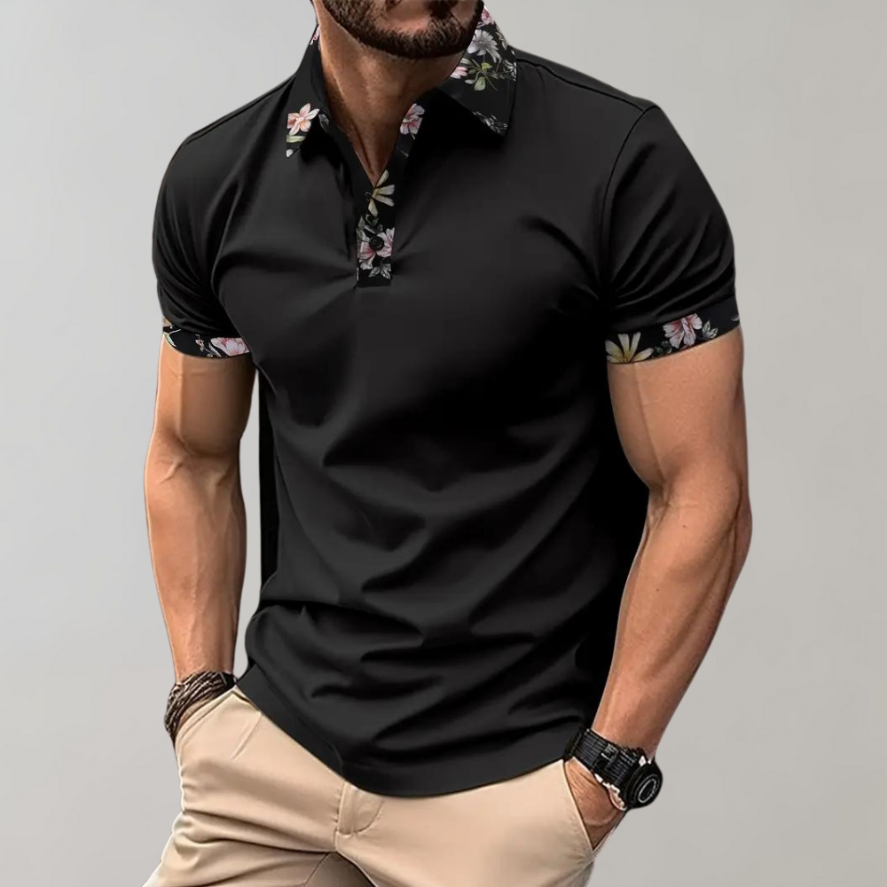 Polo T-Shirt | Floral Print | Short Sleeve | Polo Shirts | Men's Clothing-Men Summer Shirt-Chaps of London-Black-S-Chaps of London