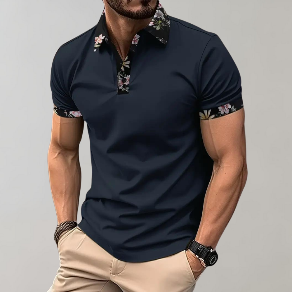 Polo T-Shirt | Floral Print | Short Sleeve | Polo Shirts | Men's Clothing-Men Summer Shirt-Chaps of London-Navy Blue-S-Chaps of London