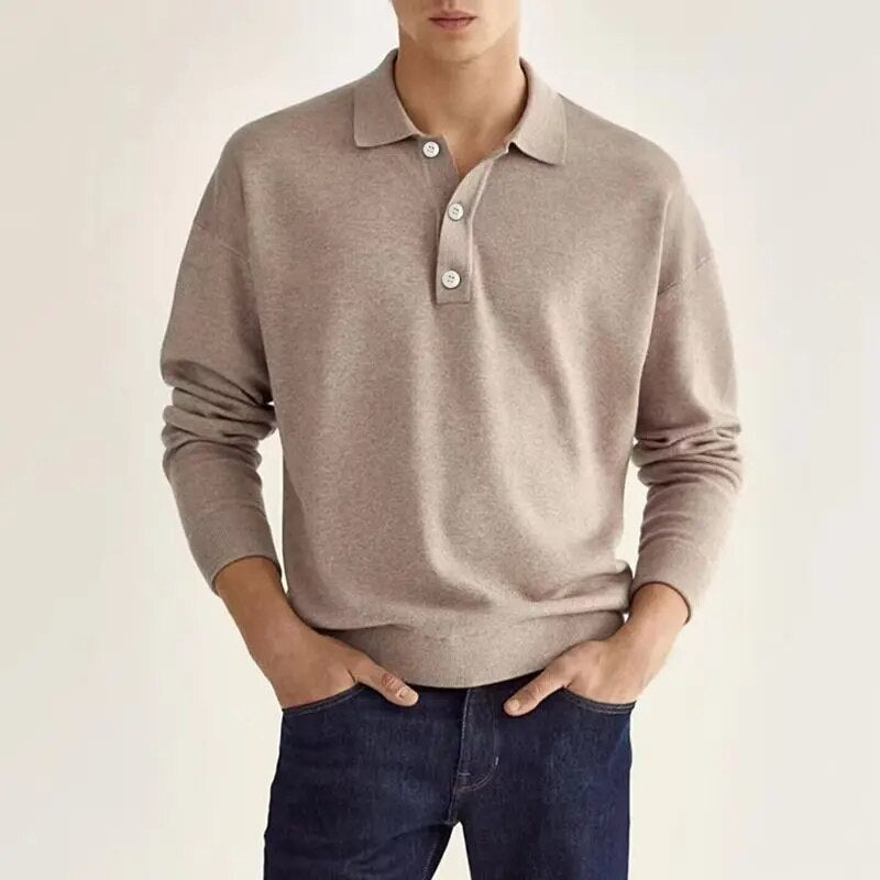 Pullover Polo Sweater | Button-Up | Long Sleeve | Knitted Sweater | Men's Knit Jumper-Men's Top-Chaps of London-Beige-S-Chaps of London