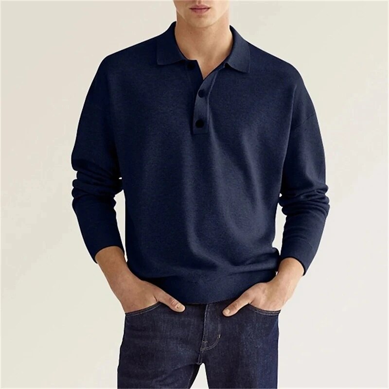 Pullover Polo Sweater | Button-Up | Long Sleeve | Knitted Sweater | Men's Knit Jumper-Men's Top-Chaps of London-Blue-S-Chaps of London