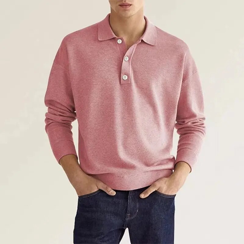 Pullover Polo Sweater | Button-Up | Long Sleeve | Knitted Sweater | Men's Knit Jumper-Men's Top-Chaps of London-Pink-S-Chaps of London