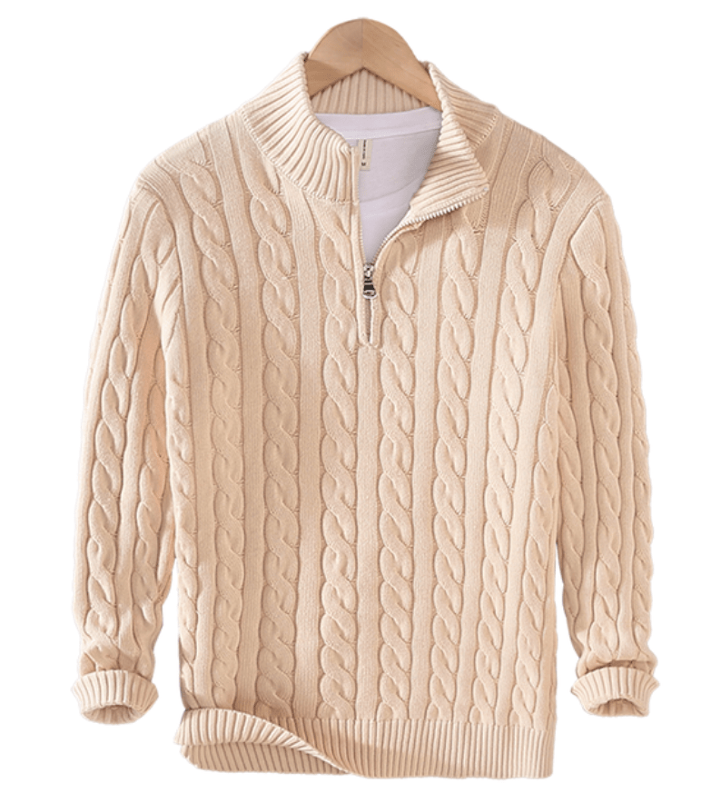 Quarter Zip Jumper - Cable Knit - Half Zip - Knitted Sweater - Men's Quarter Zip Sweaters-Strickwaren-Chaps of London-Beige-XS-Chaps of London