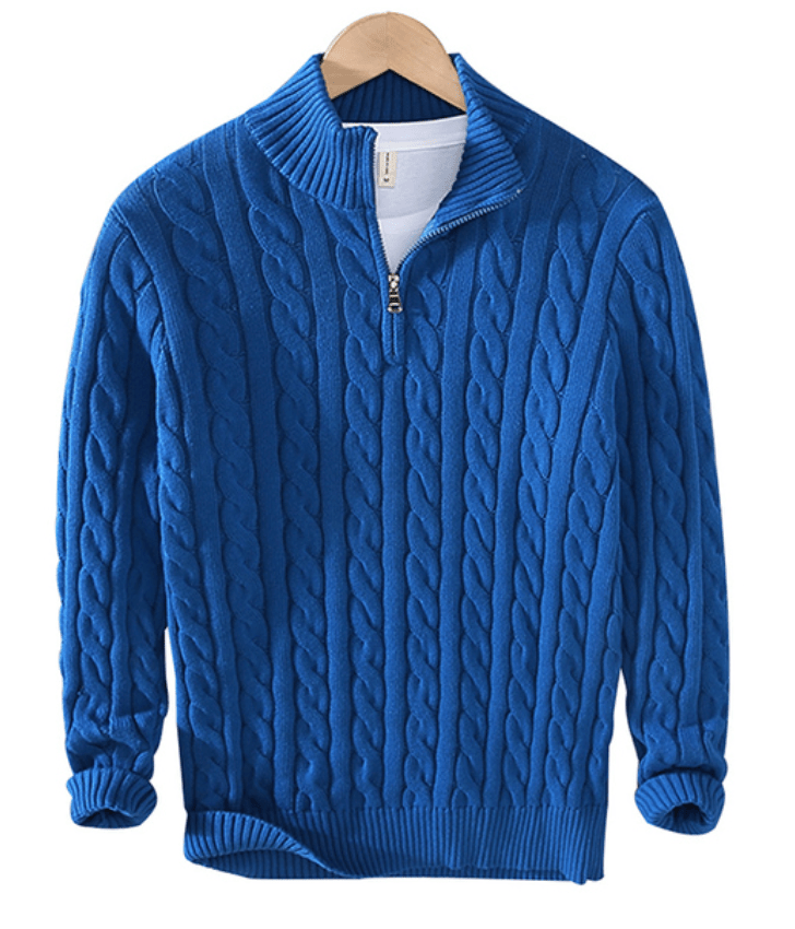 Quarter Zip Jumper - Cable Knit - Half Zip - Knitted Sweater - Men's Quarter Zip Sweaters-Strickwaren-Chaps of London-Blue-XS-Chaps of London