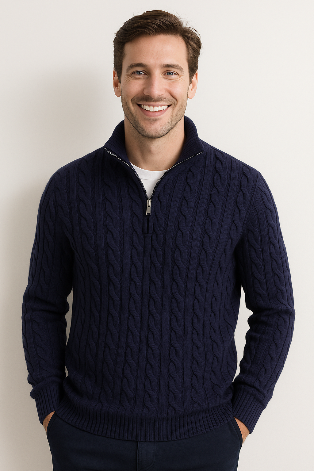 Quarter Zip Jumper - Cable Knit - Half Zip - Knitted Sweater - Men's Quarter Zip Sweaters-Strickwaren-Chaps of London-Chaps of London