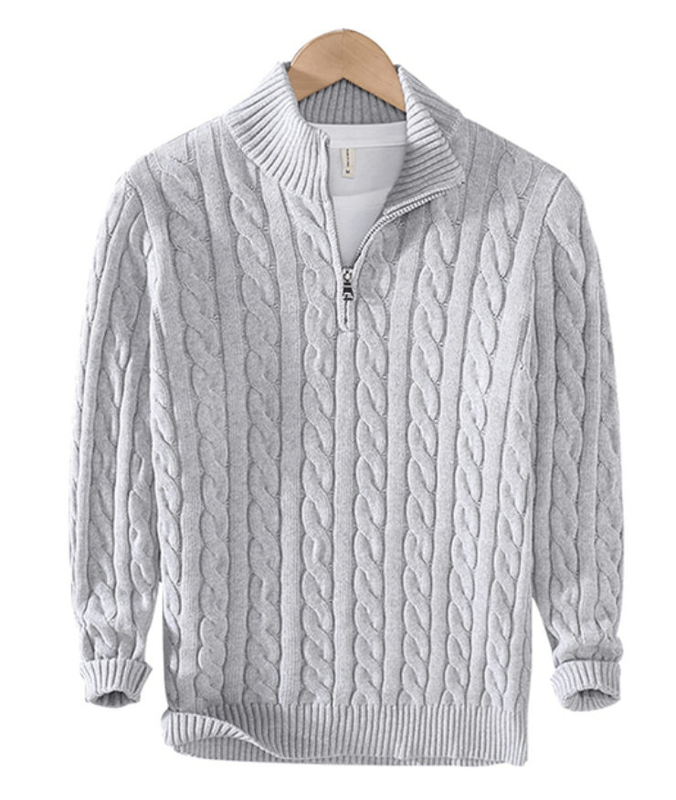 Quarter Zip Jumper - Cable Knit - Half Zip - Knitted Sweater - Men's Quarter Zip Sweaters-Strickwaren-Chaps of London-Gray-XS-Chaps of London