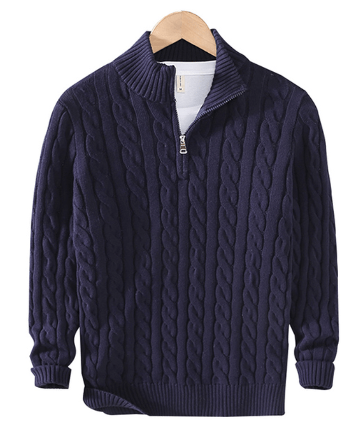 Quarter Zip Jumper - Cable Knit - Half Zip - Knitted Sweater - Men's Quarter Zip Sweaters-Strickwaren-Chaps of London-Navy Blue-XS-Chaps of London