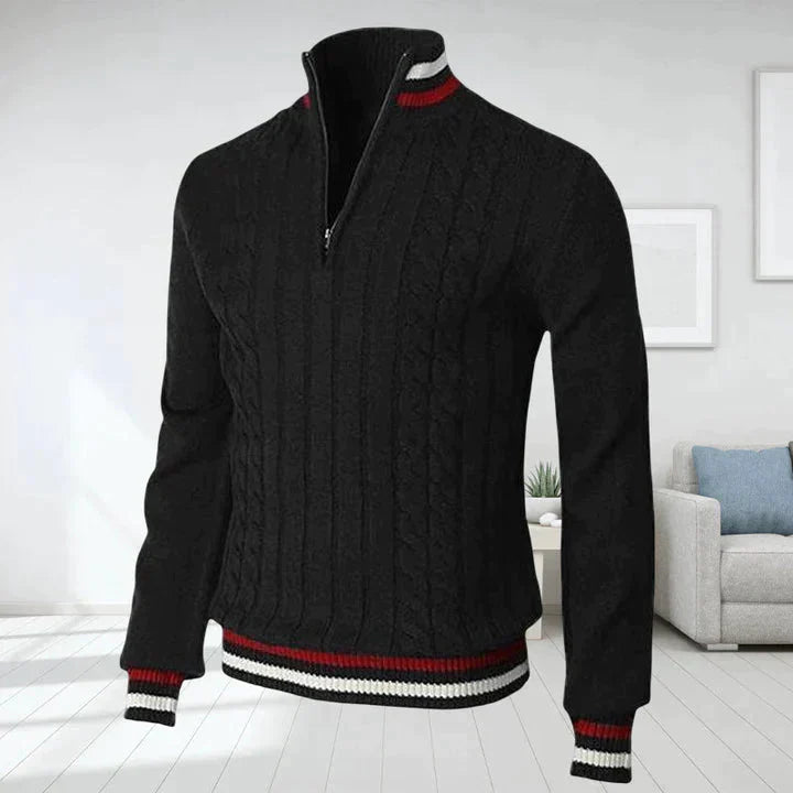 Quarter Zip Jumper - Cable Knit - High Neck - Knitted Sweater - Men's Half Zip Pullover-Sweaters-Chaps of London-Black-S-Chaps of London