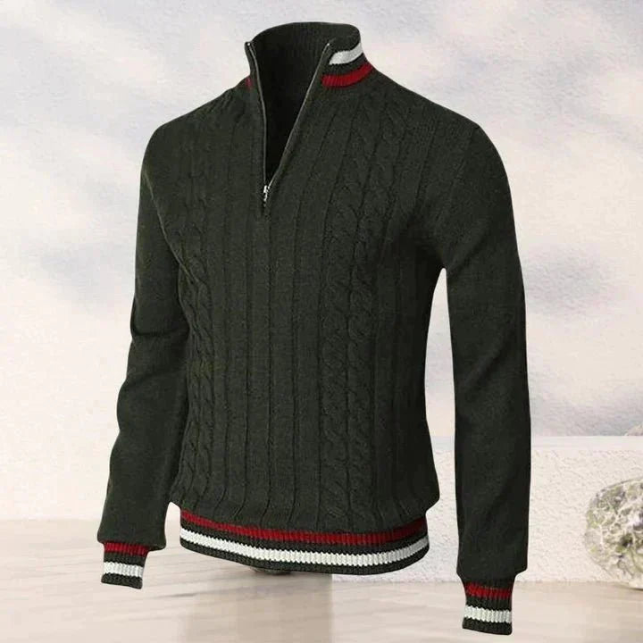 Quarter Zip Jumper - Cable Knit - High Neck - Knitted Sweater - Men's Half Zip Pullover-Sweaters-Chaps of London-Dark Green-S-Chaps of London