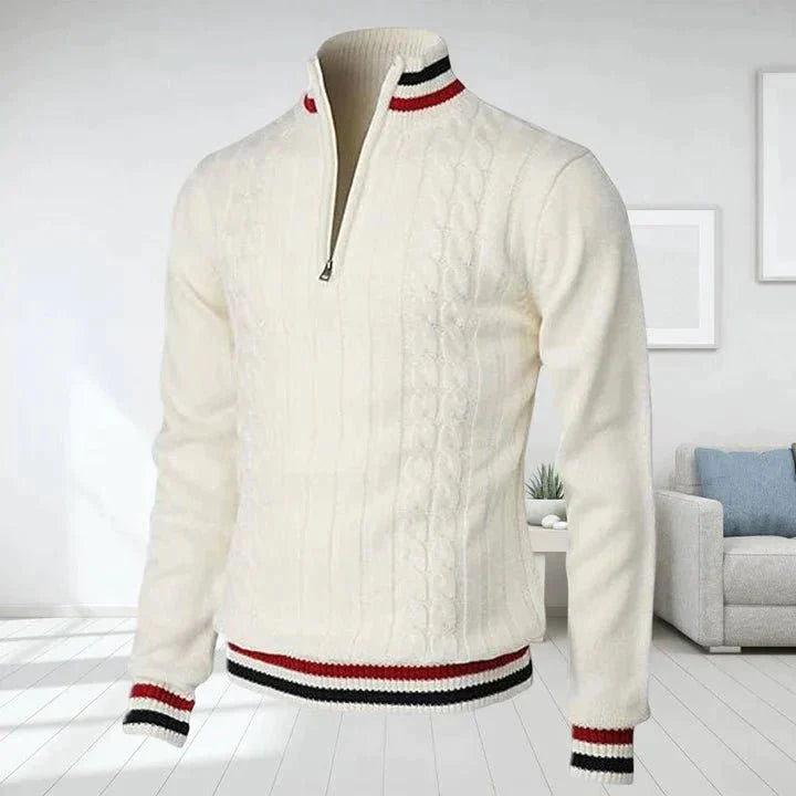 Quarter Zip Jumper - Cable Knit - High Neck - Knitted Sweater - Men's Half Zip Pullover-Sweaters-Chaps of London-White-S-Chaps of London