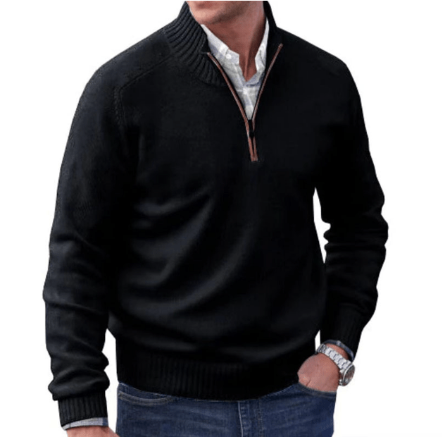 Quarter Zip Jumper - Half Zip - Knitted - Polo Sweater - Men's Knitwear-Strickwaren-Chaps Herrenmode-Black-S-Chaps of London