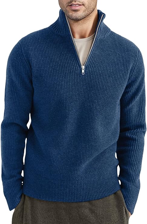 Quarter Zip Jumper | Knitted | Rib Knit | Polo Sweater | Men's Half Zip Jumper-Sweater-Chaps of London-Blue-XS-Chaps of London