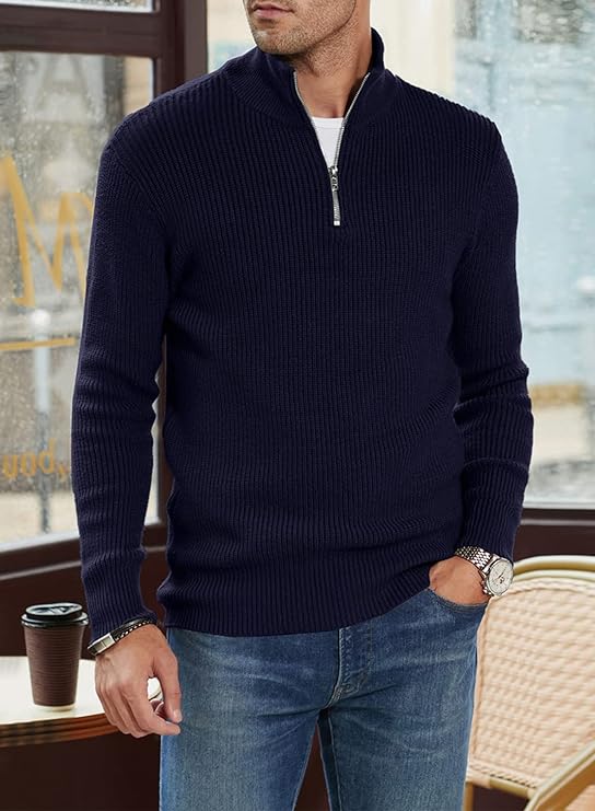 Quarter Zip Jumper | Knitted | Rib Knit | Polo Sweater | Men's Half Zip Jumper-Sweater-Chaps of London-Chaps of London