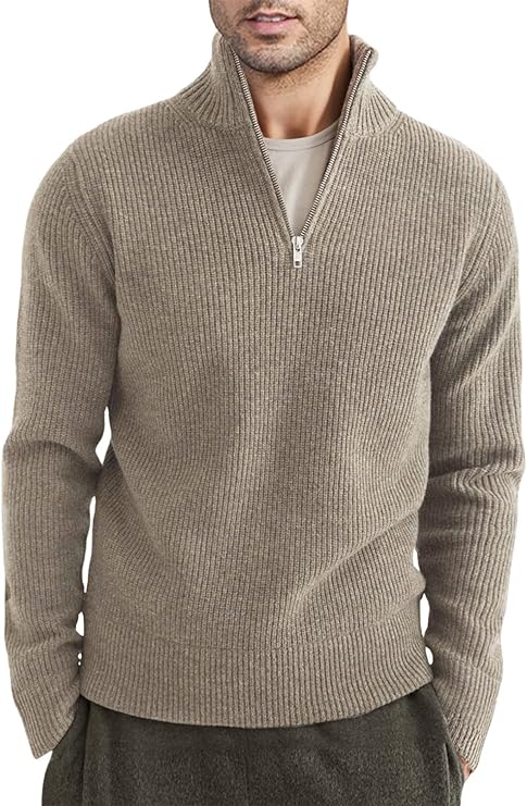 Quarter Zip Jumper | Knitted | Rib Knit | Polo Sweater | Men's Half Zip Jumper-Sweater-Chaps of London-Khaki-XS-Chaps of London