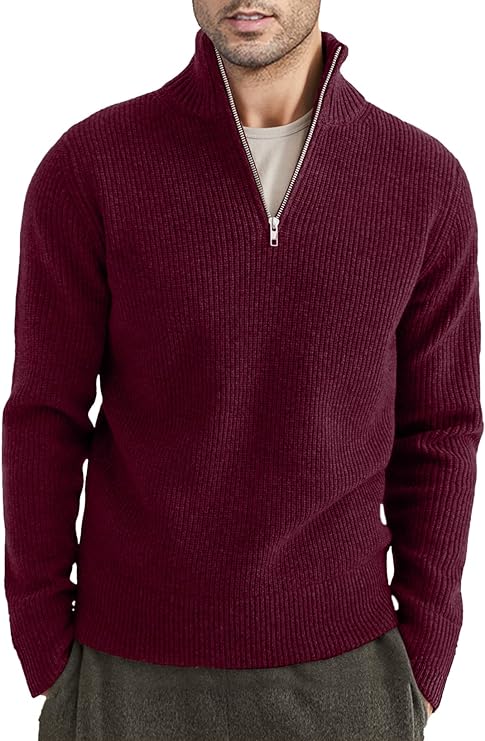 Quarter Zip Jumper | Knitted | Rib Knit | Polo Sweater | Men's Half Zip Jumper-Sweater-Chaps of London-Red-XS-Chaps of London
