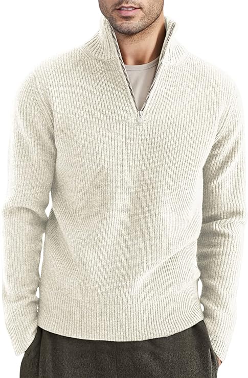 Quarter Zip Jumper | Knitted | Rib Knit | Polo Sweater | Men's Half Zip Jumper-Sweater-Chaps of London-White-XS-Chaps of London