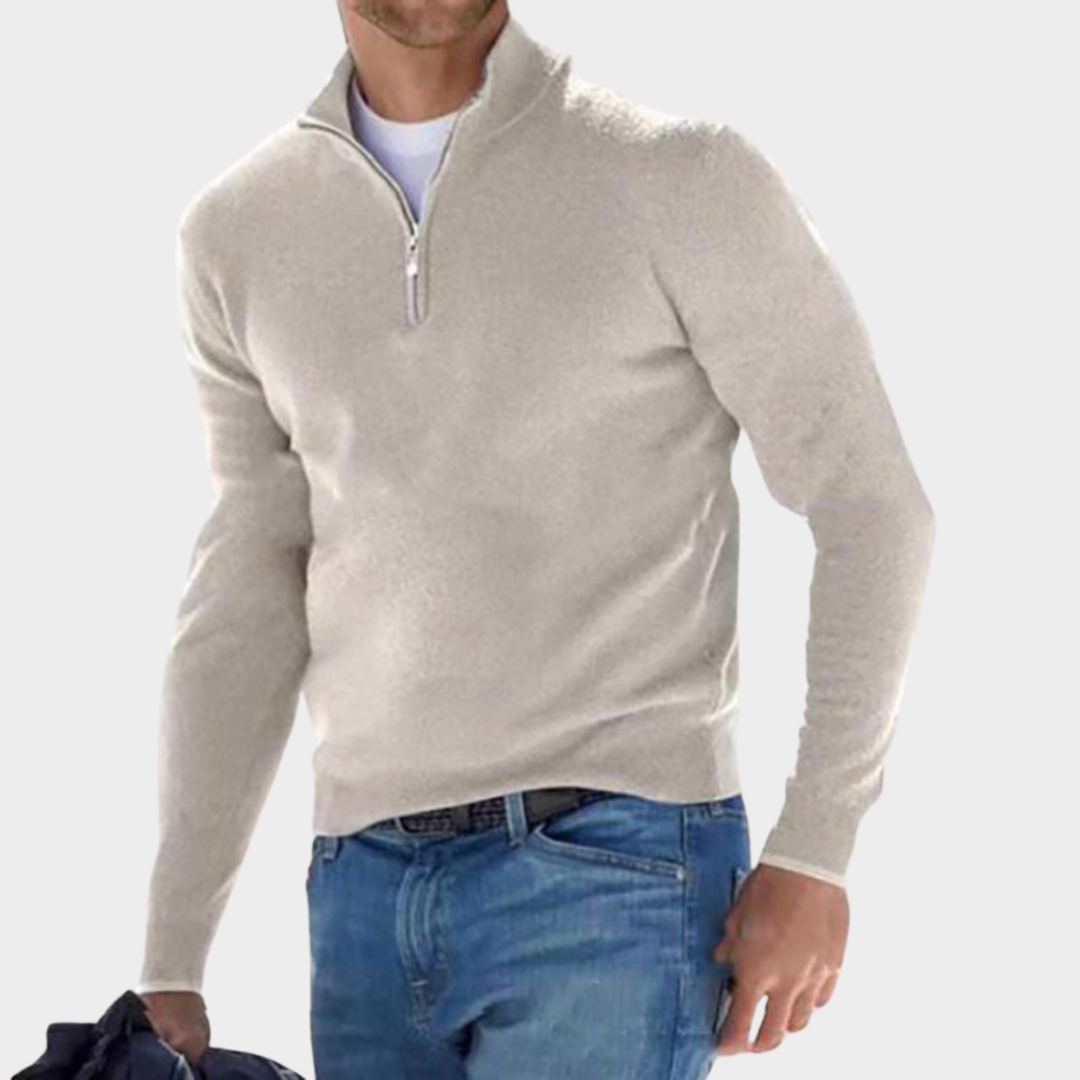 Quarter Zip Jumper - Long Sleeve - Half Zip - Polo Jumper - Men's Quarter Zip Sweaters-Chaps of London-Beige-S-Chaps of London