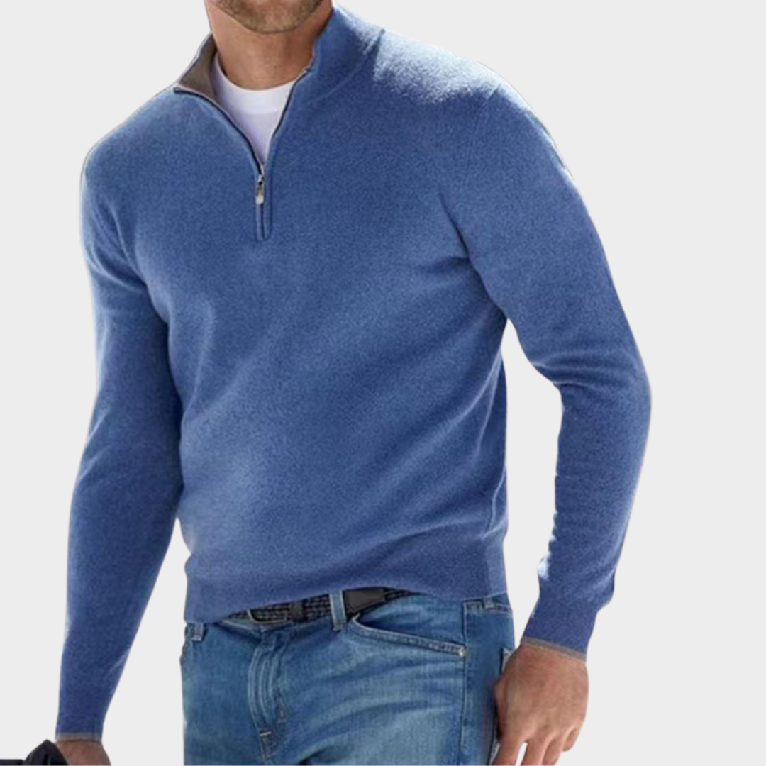 Quarter Zip Jumper - Long Sleeve - Half Zip - Polo Jumper - Men's Quarter Zip Sweaters-Chaps of London-Blue-S-Chaps of London