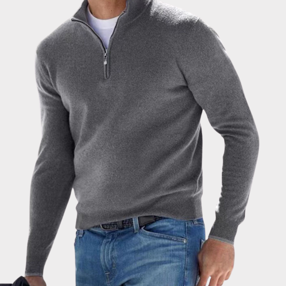 Quarter Zip Jumper - Long Sleeve - Half Zip - Polo Jumper - Men's Quarter Zip Sweaters-Chaps of London-Grey-S-Chaps of London