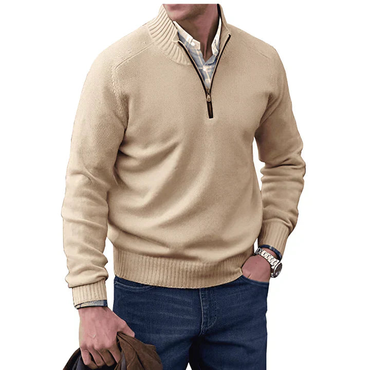 Quarter Zip Jumper - Long Sleeve - Knitted - Cashmere Sweater - Men's Half Zip Sweater-Sweaters-Chaps of London-Beige-S-Chaps of London