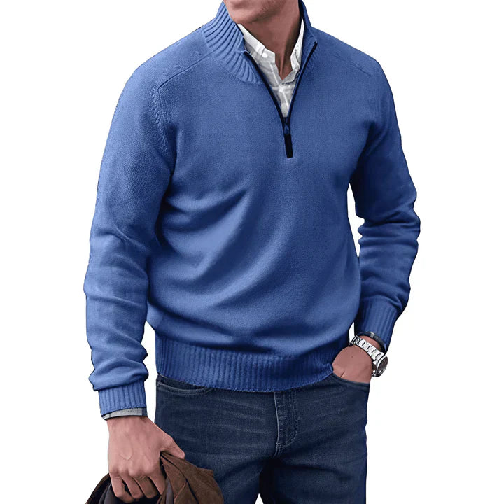 Quarter Zip Jumper - Long Sleeve - Knitted - Cashmere Sweater - Men's Half Zip Sweater-Sweaters-Chaps of London-Blue-S-Chaps of London