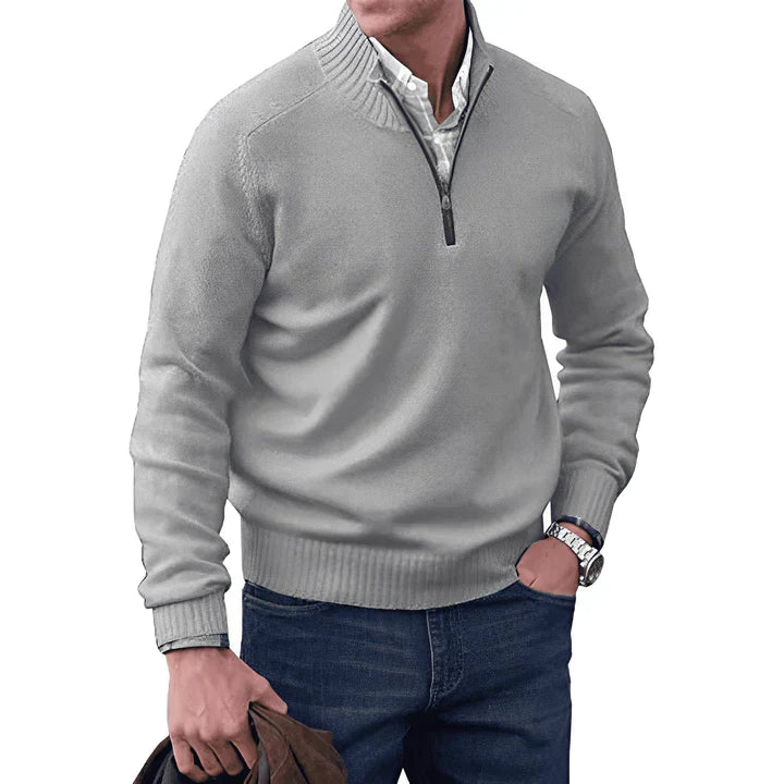 Quarter Zip Jumper - Long Sleeve - Knitted - Cashmere Sweater - Men's Half Zip Sweater-Sweaters-Chaps of London-Light Gray-S-Chaps of London